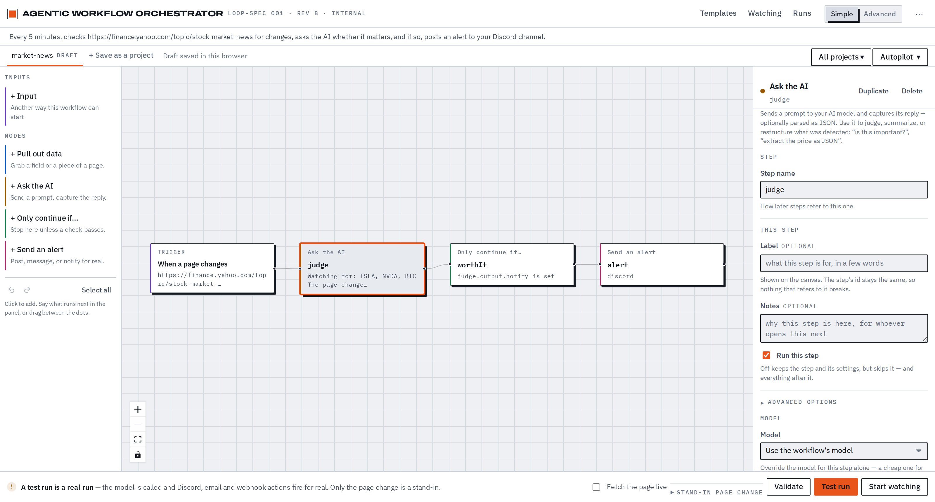 AWO Studio — visual workflow builder with a page-watch workflow on the canvas