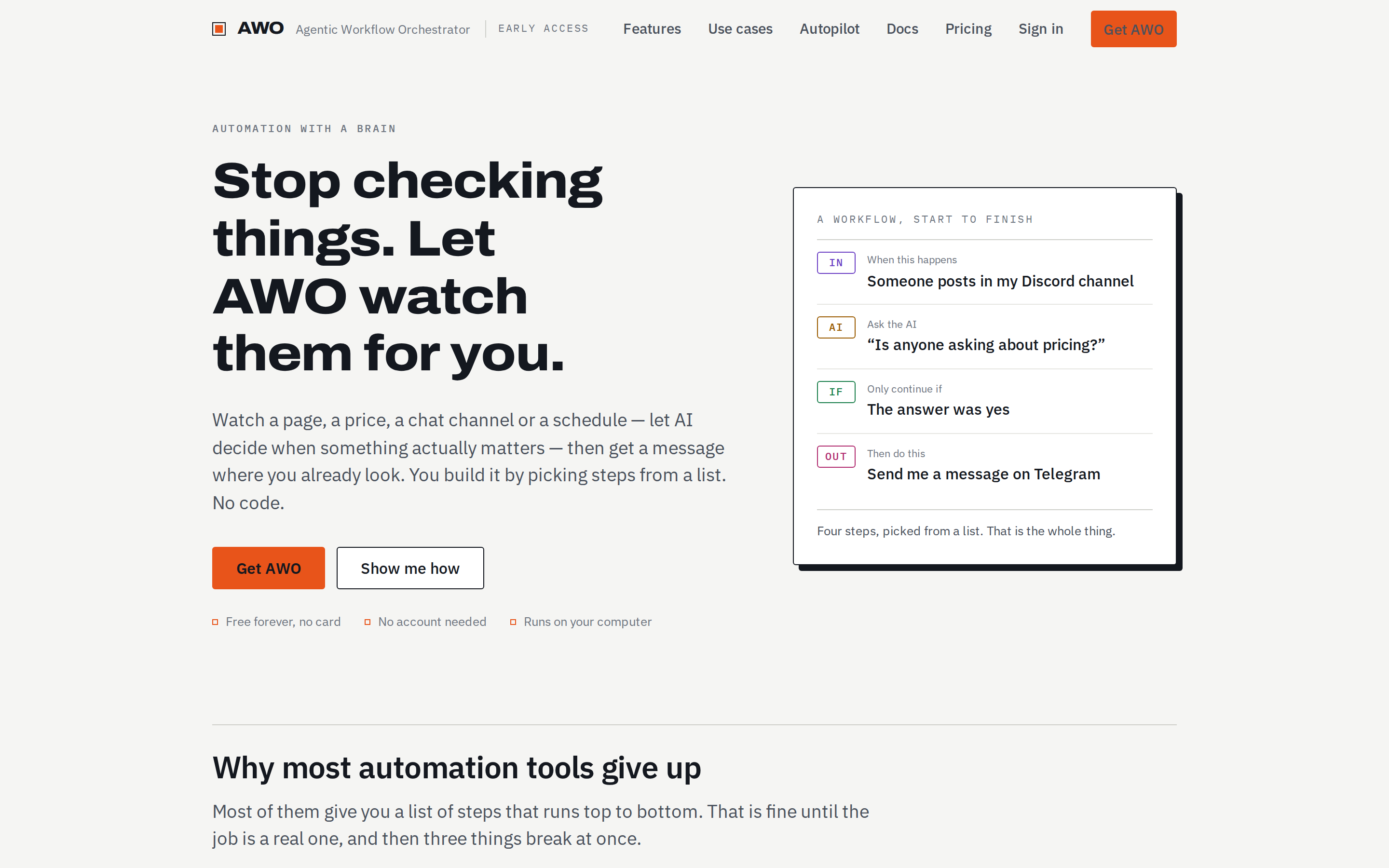 AWO landing page — Stop checking things. Let AWO watch them for you.